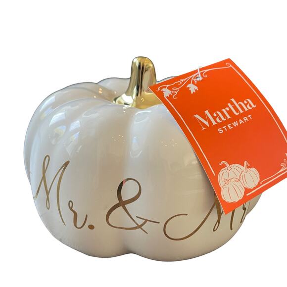 Martha Stewart MR. & MRS. Ceramic Pumpkin White Gold Stem Small Fall Decor NEW - Picture 8 of 10